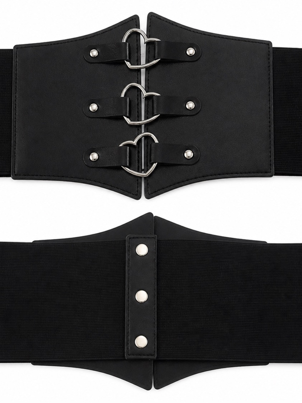 Wide Black Elastic Corset Belt with Silver Heart Buckle Detail